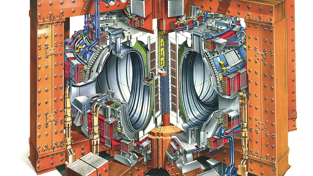 Shema tokamaka JET, vakuumska posoda toroidane oblike je v sredini, obdajata jo dve vrsti elektromagnetov (foto: UKAEA)